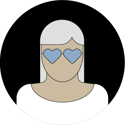 Ilustración de una mujer con lentes en forma de corazón. 