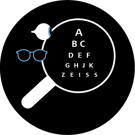 Ilustración de unos lentes, un ojo y una lupa que amplía las letras de una prueba de vista. 