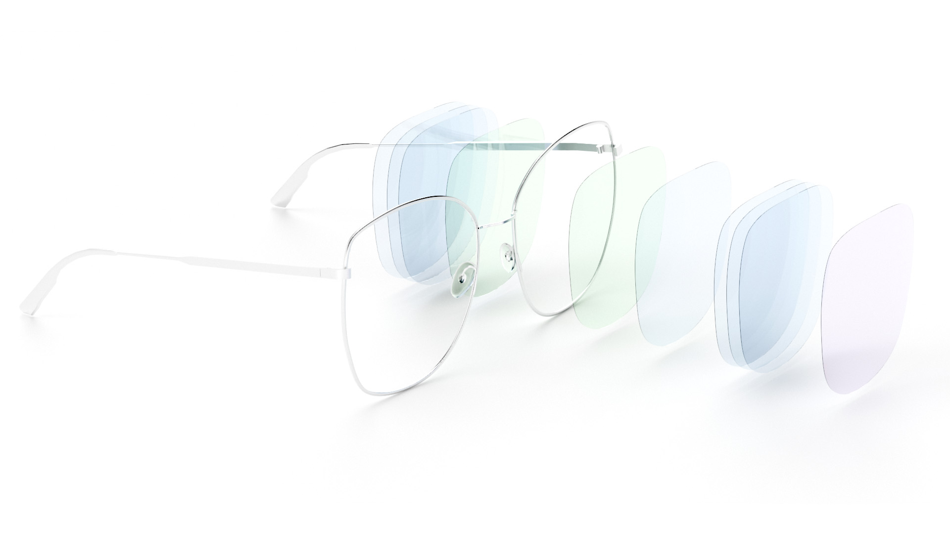 Un par de lentes con las diferentes capas de protector visualizados.