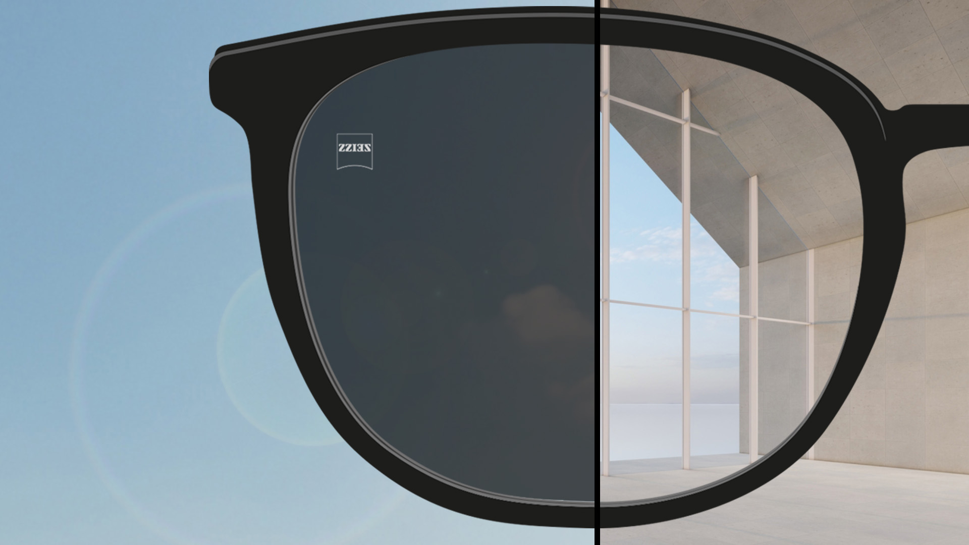 Imagen de un punto de vista que muestra la mitad del lente transparente en interiores y la otra mitad del lente completamente tintado en exteriores.