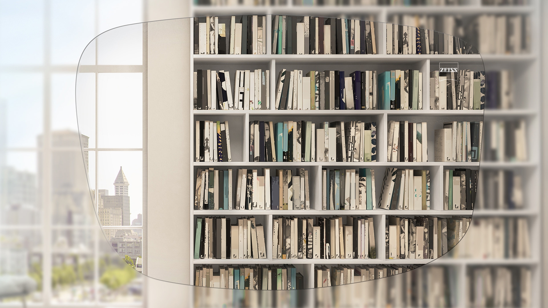 Vista a través de un lente de visión sencilla ZEISS Individual de una estantería de libros y una ventana 